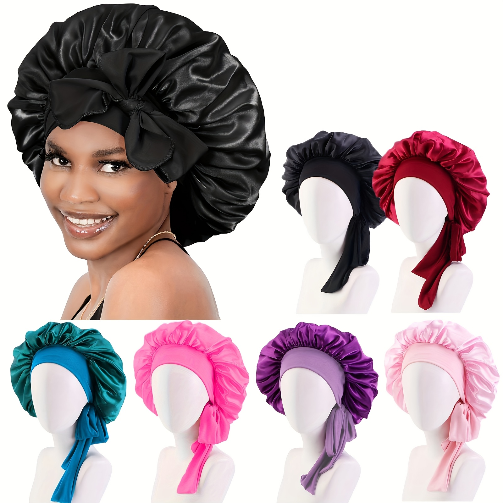 

1pc Satin Sleeping Cap For Women, Adjustable Hair Bonnet For Curly/straight Hair, Unscented Woven In Black, , Red, Pink, Purple, Teal - Comfortable Clothing