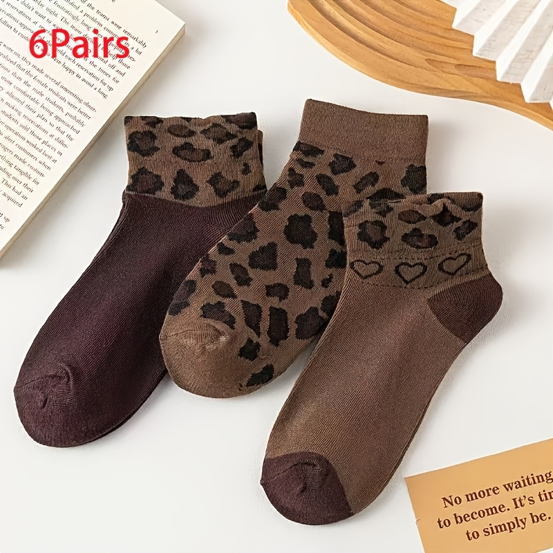 TEMU 3/6 Double-sock 's Spring/ Leopard Print Coffee Women's Short Socks Maroondale Color Fashionable And Trendy