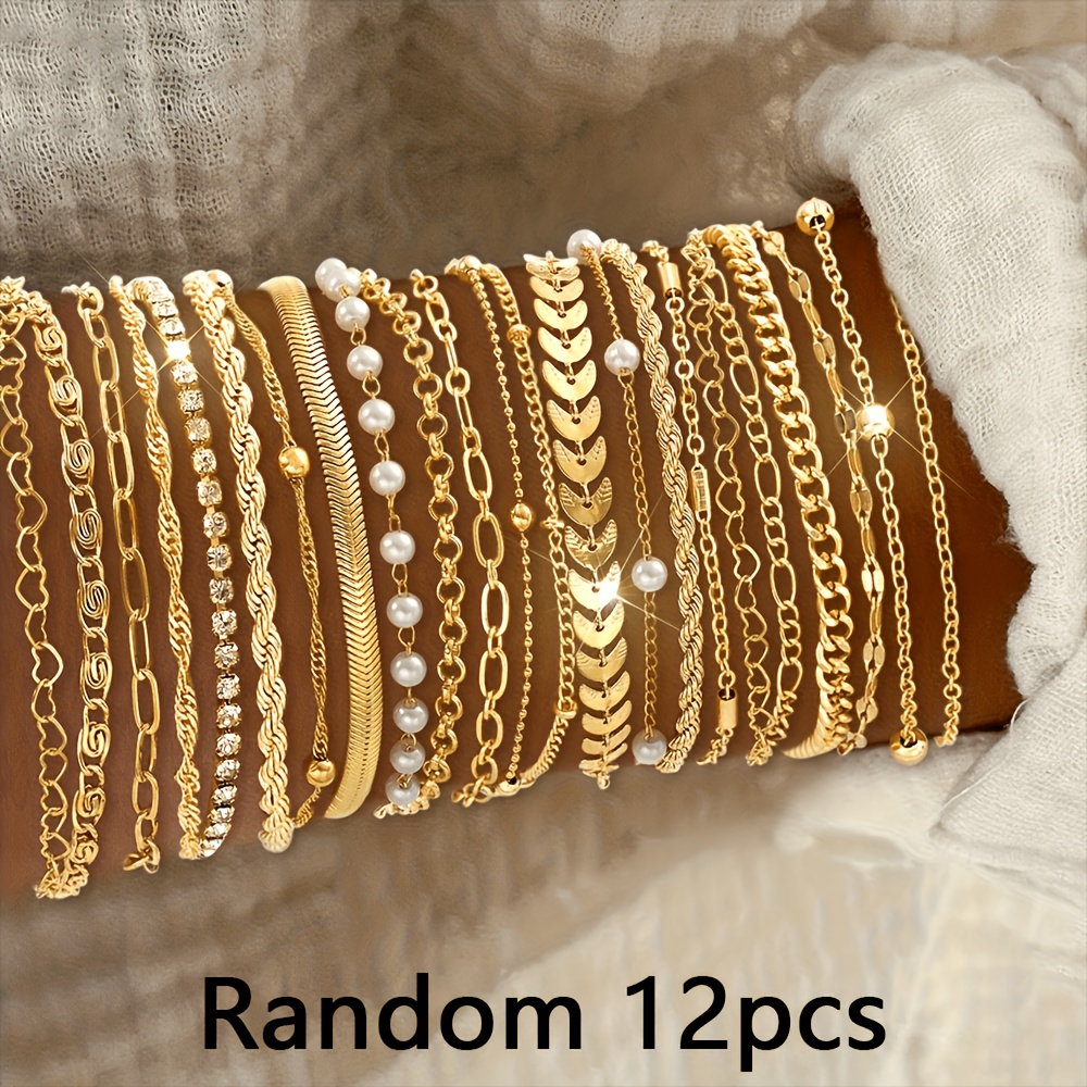 TEMU Lot de 12 bracelets empilables pour femme, style aléatoire élégant, et , avec cœur , chaîne , flèche torsadée, épingle à tige incurvée avec