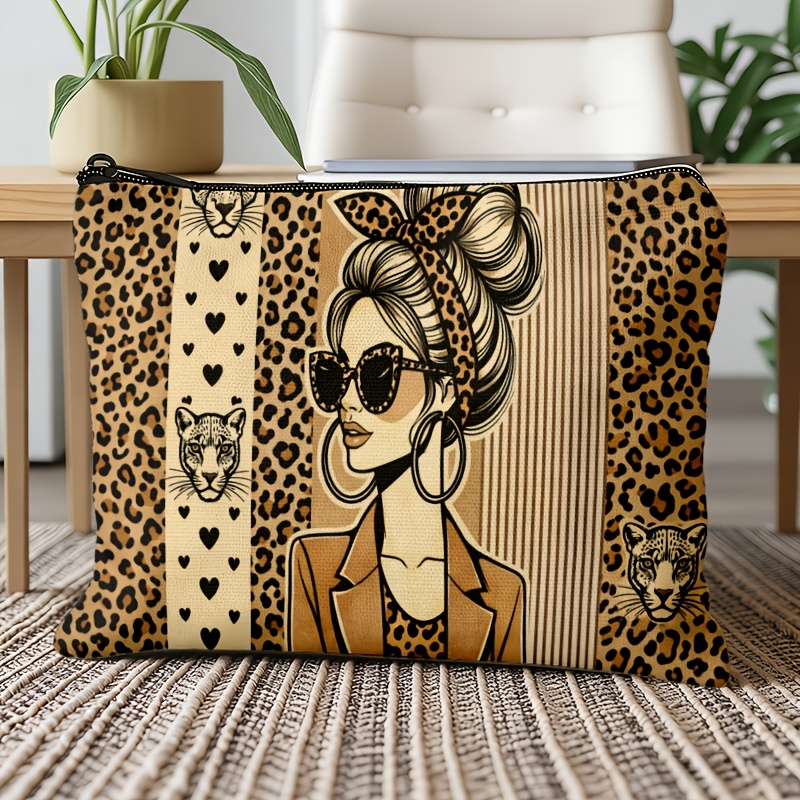 TEMU 1pc Sac à Cosmétique Tendance Rétro Imprimé Léopard avec Illustration de Fille, Organisation Rapide/Transport Léger, Cosmétique /Articles de
