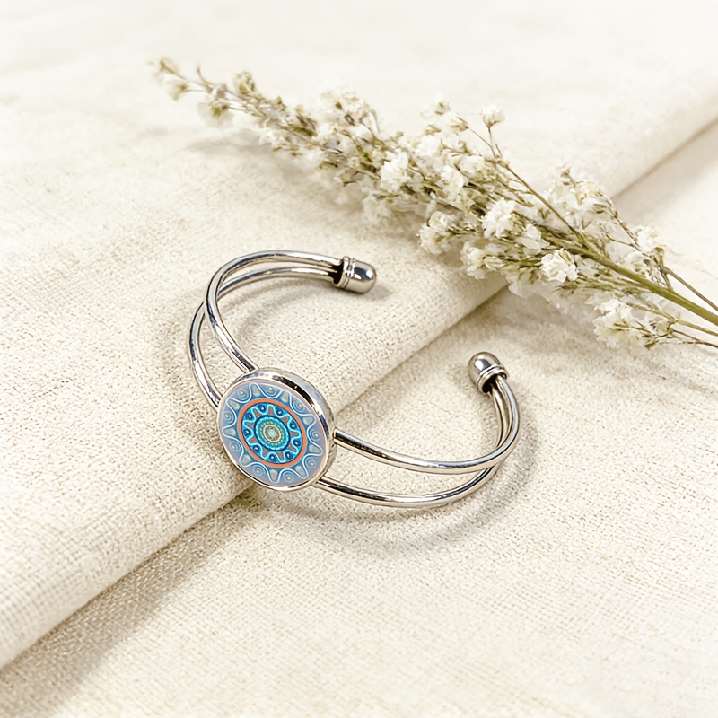 Adjustable Open Bangle with Gemstone Inlaid, Multicolor Design