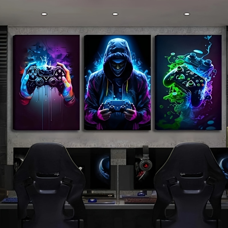 

Zygallop 3pcs Neon Gaming Canvas Wall Art Set - Vibrant Purple/blue, Game Room & Bedroom Decor,