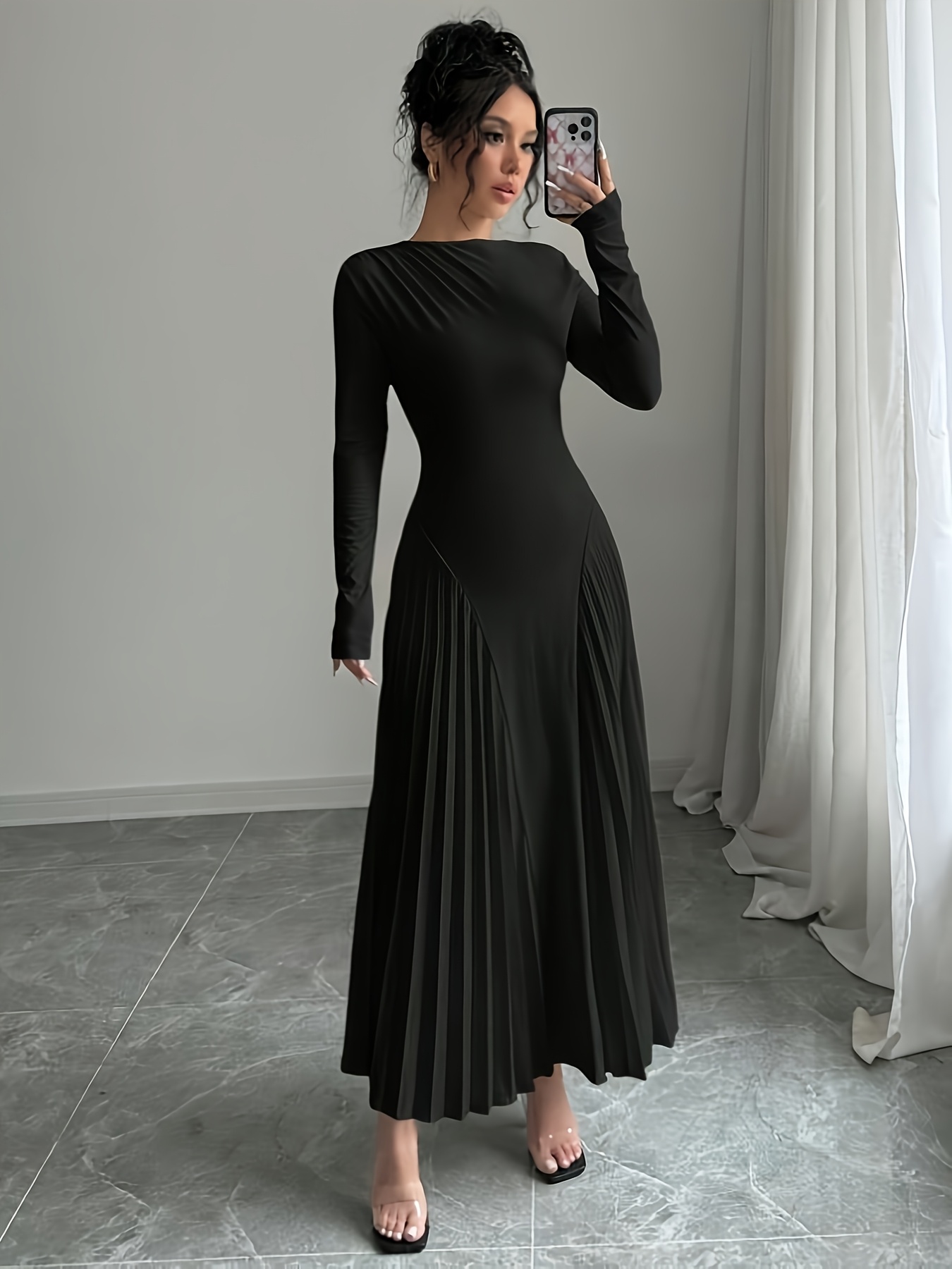 elegant womens long sleeve waist cinching pleated dress long - Temu Oman