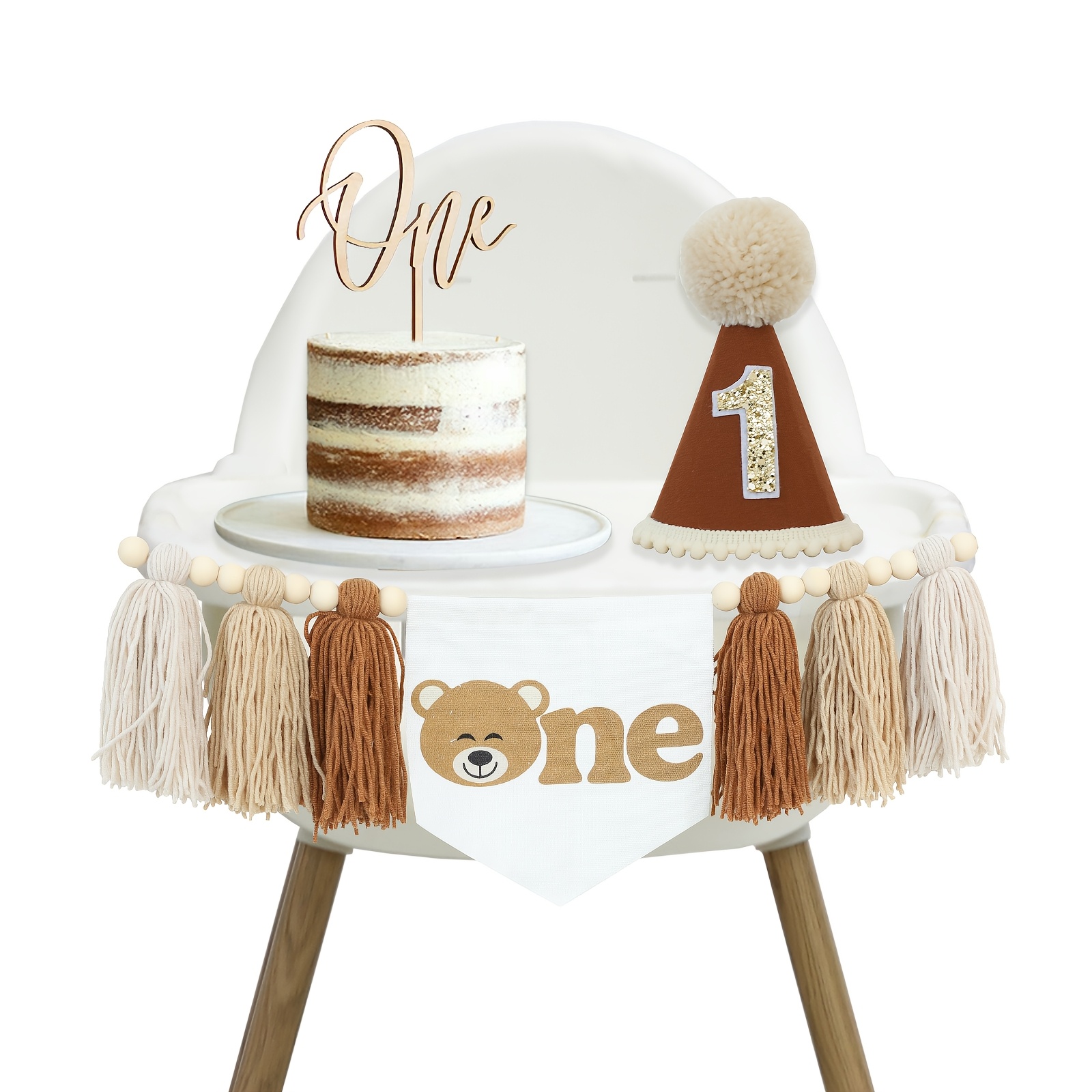 

3cps Handmade Bear Themed Tassel Garland Banner, Cake Topper, Birthday Cone Hat Suitable For Birthday Party Decoration, High Chair Decoration