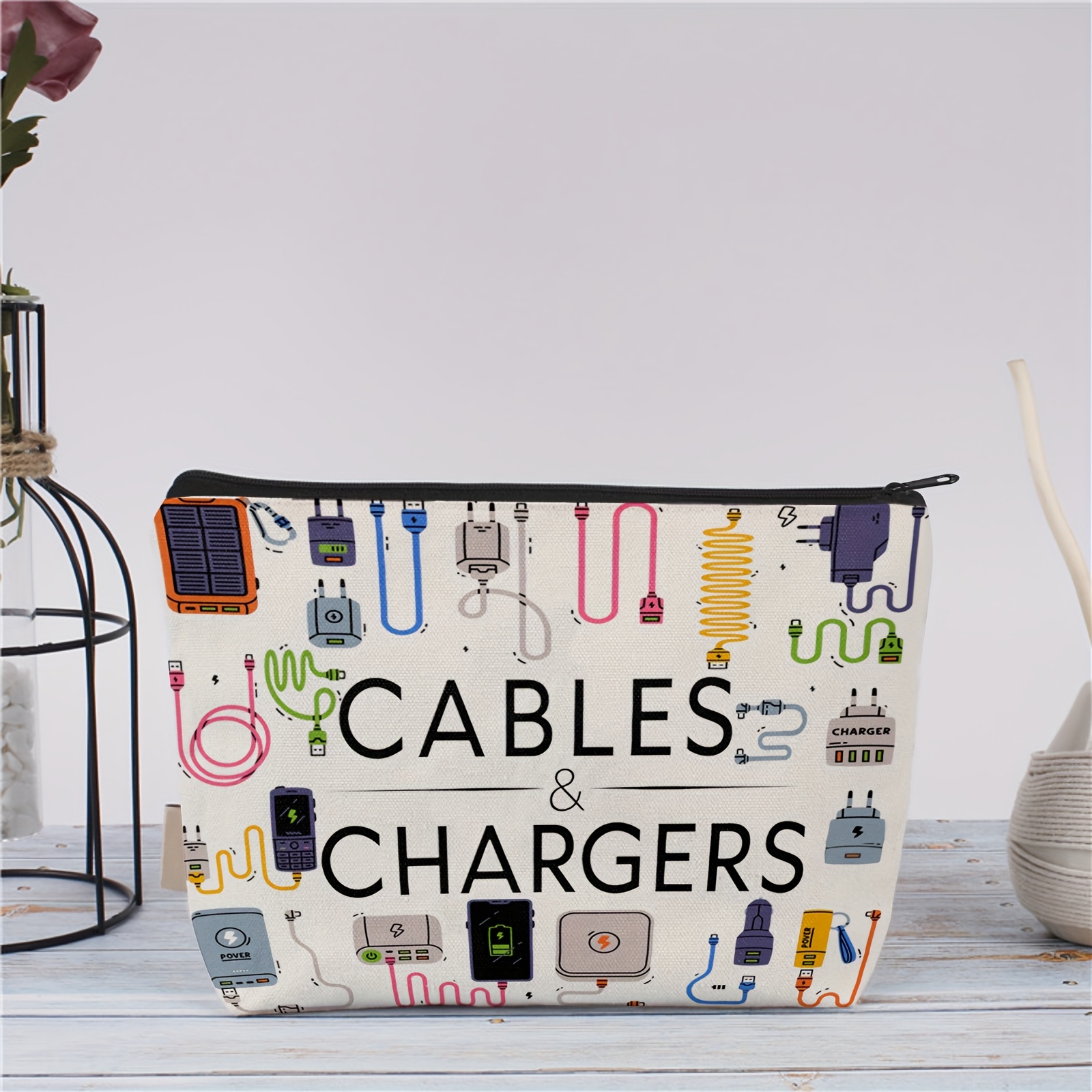 E-shop Aufbewahrungstasche für weiße Kabel und Ladegeräte mit Ladegerätesymbol - Robuste Stoff-Reisetasche, ideal für Powerbanks, Kabel und