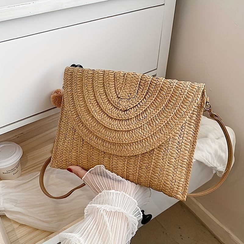 TEMU Women's Bohemian Fashionable Paper Woven Straw Envelope Tote Bag, Woven Handbag With Detachable Shoulder Strap, Summer Beach Travel Casual Shoulder Bag, Crossbody Wallet