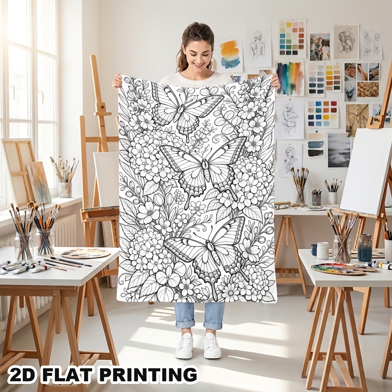 TEMU 2d Flat 1pc Adult Coloring Floral Flannel Blanket, Home Warmth Sofa Throw Blanket, Bedroom Nap Blanket, Soft, Comfortable, And Skin-friendly