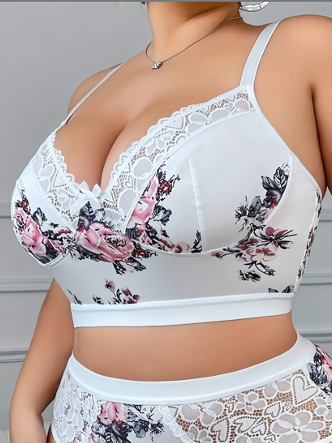 Plus Size Elegant Bra, Women's Bow Decor Floral Print Contrast Lace Fashion Bralette
