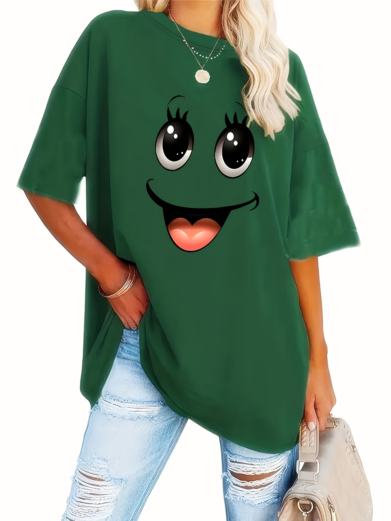 Women'S Plus Size Casual Crew Neck Short Sleeve Geometric Pattern Polyester Knit Fabric Slight Stretch Summer and Spring Tops