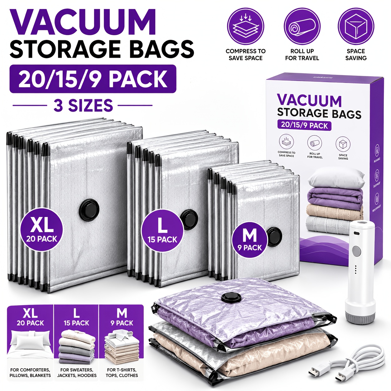 20 PACK Travel Vacuum Storage Bags with Portable USB Electric Pump, Portable Vacuum Seal Bags for Luggage And Suitcases, Space Saver for Clothes And Travel Organization Available In 15/9pack