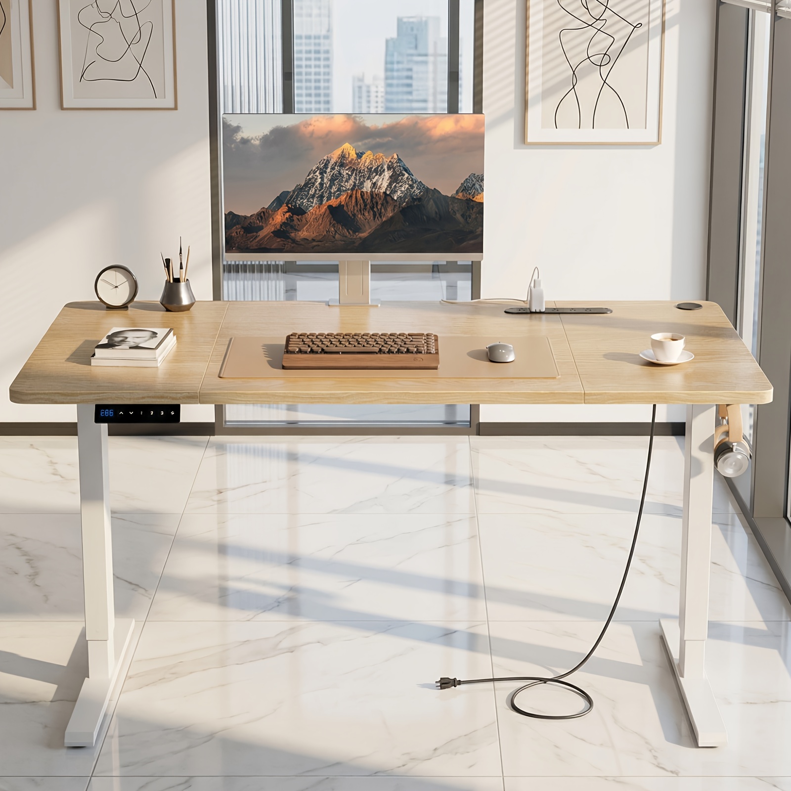 40 47 53in electric height adjustable office desk white   natural wood large sit stand gaming desk power outlet and headphone hook memory height pc desk ideal for home offices