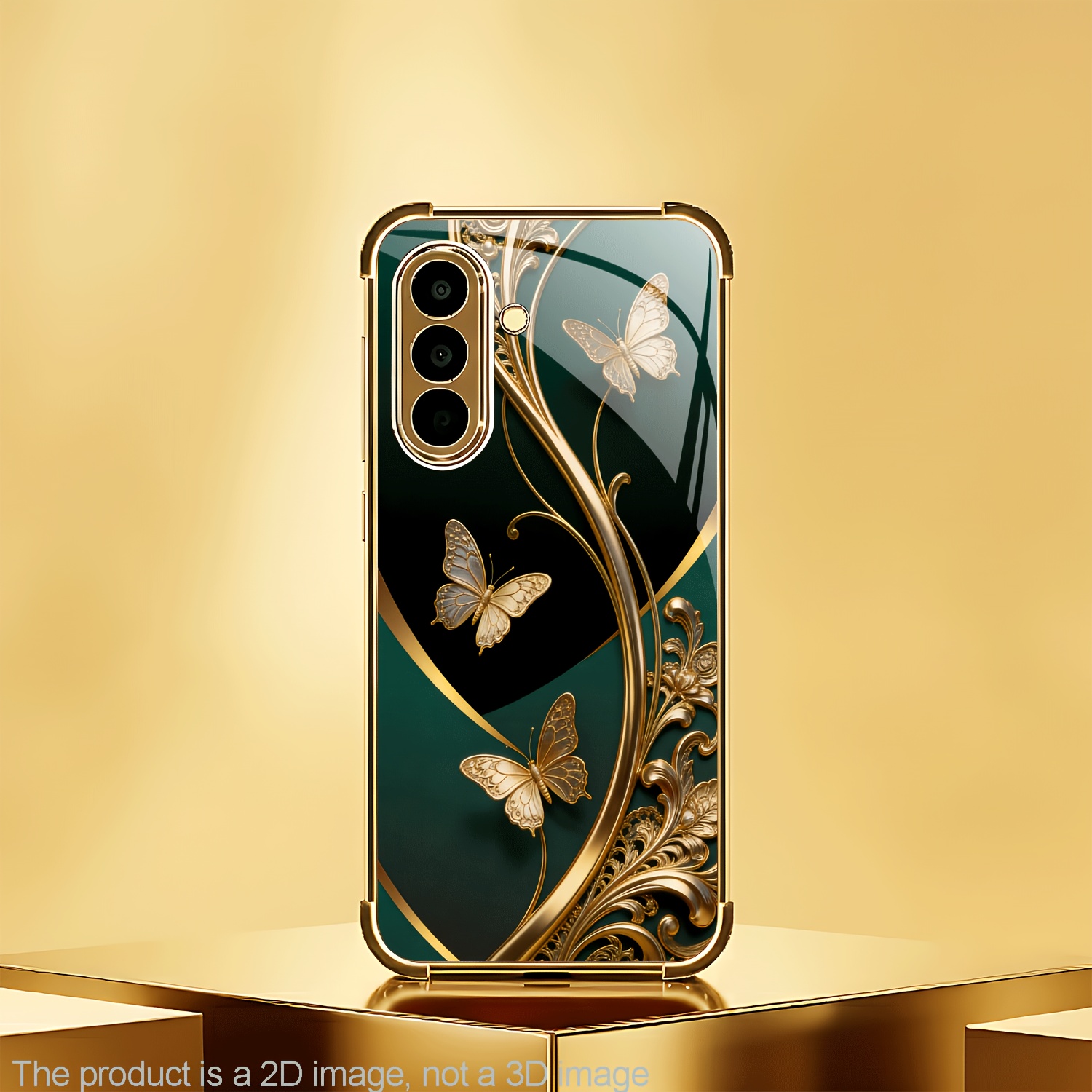 TEMU Phone Case: 2d Flat New Gilded Dance Dark Green Pattern, Electroplated Four-corner Drop-proof Glass Phone Case, Suitable For Galaxy S26/s26