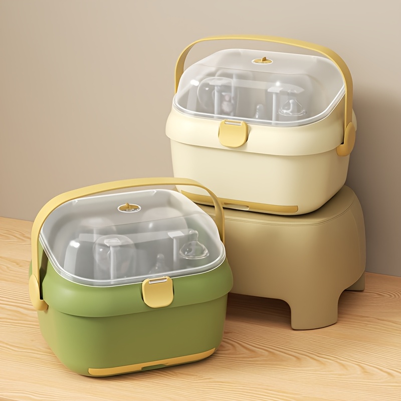 Portable Bottle Holder Organizer - Large Capacity Storage Box with Anti-Dust Cover, Cutlery Storage & Drying Rack, Ergonomic Handle for Home Kitchen, Travel, Outdoors, Bottle Storage, Durable Plastic Material