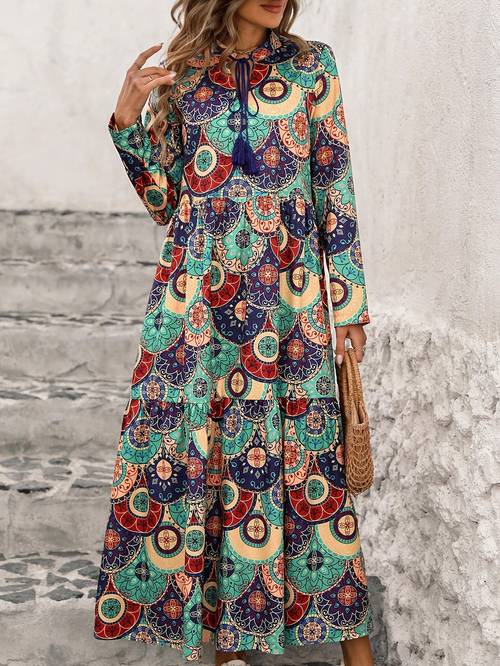 elegant bohemian style printed long sleeve dress polyester v neck with tassel detail a line maxi dress for women
