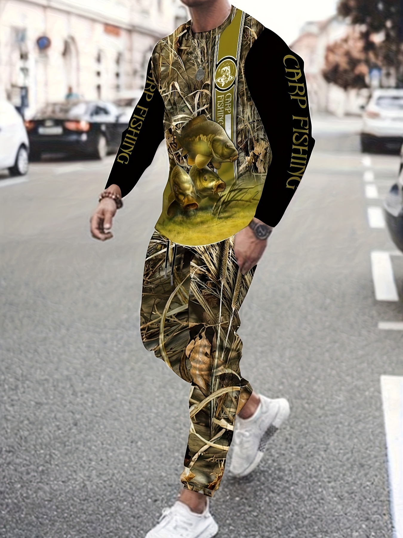 1set mens casual crew neck long sleeve t shirt and pants set 100 polyester knit fabric with   stretch all over camouflage print regular fit for   fishing theme mixed color 0