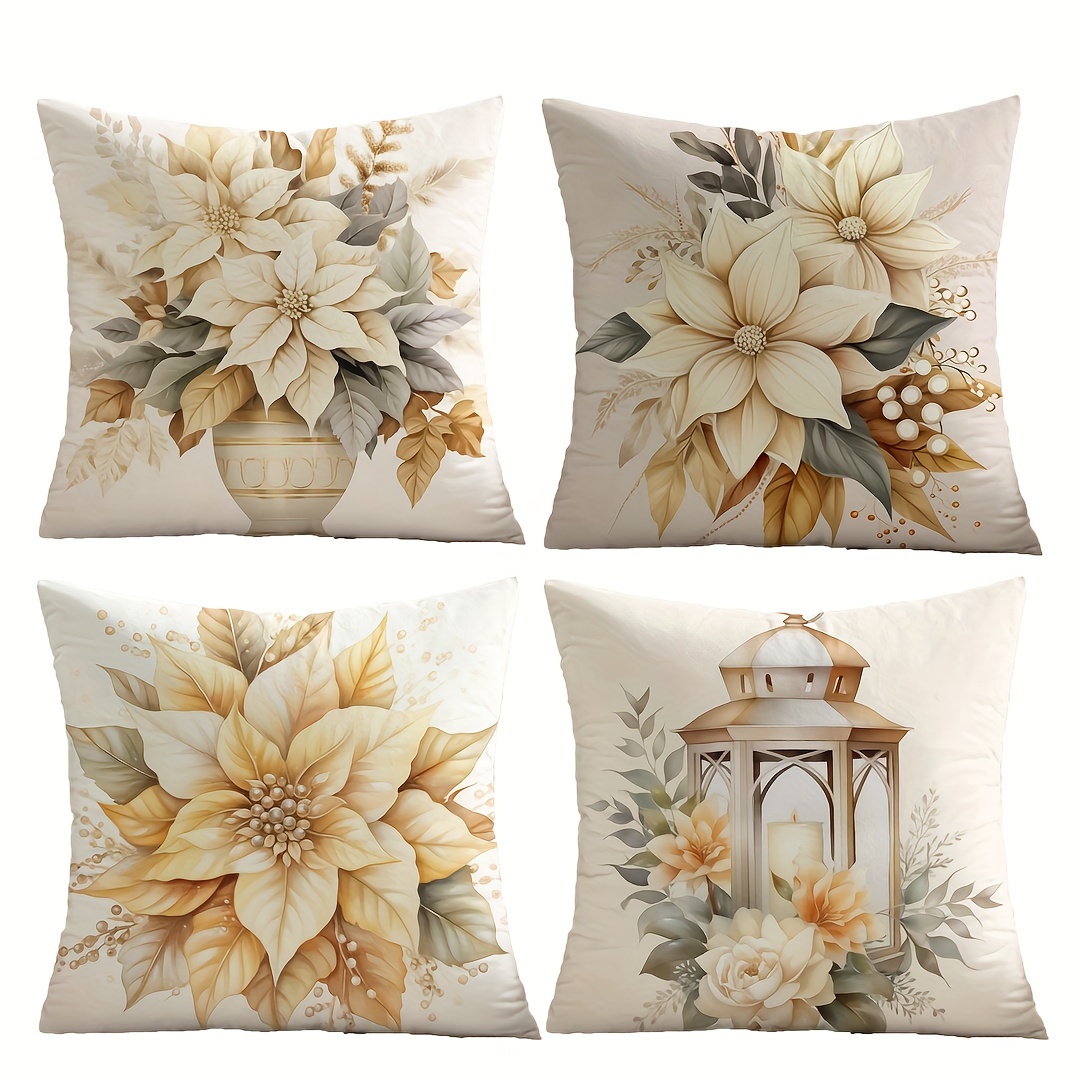 

4pcs Golden Poinsettia & Lantern Decorative Throw Pillow Covers - 17.7" X 17.7", Christmas & New Year Party Decor, Sofa & Bedroom, Zip Closure, Machine Washable, Polyester