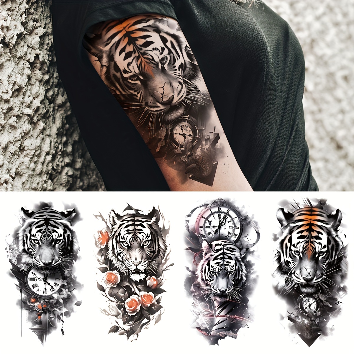 

4pcs Tattoo Stickers Set, Half Sleeve Black Tiger Clock Flowers Pattern Temporary Tattoo For Men Women, Sustainable For 3-7 Days, Body Art Decal Fake Tattoo