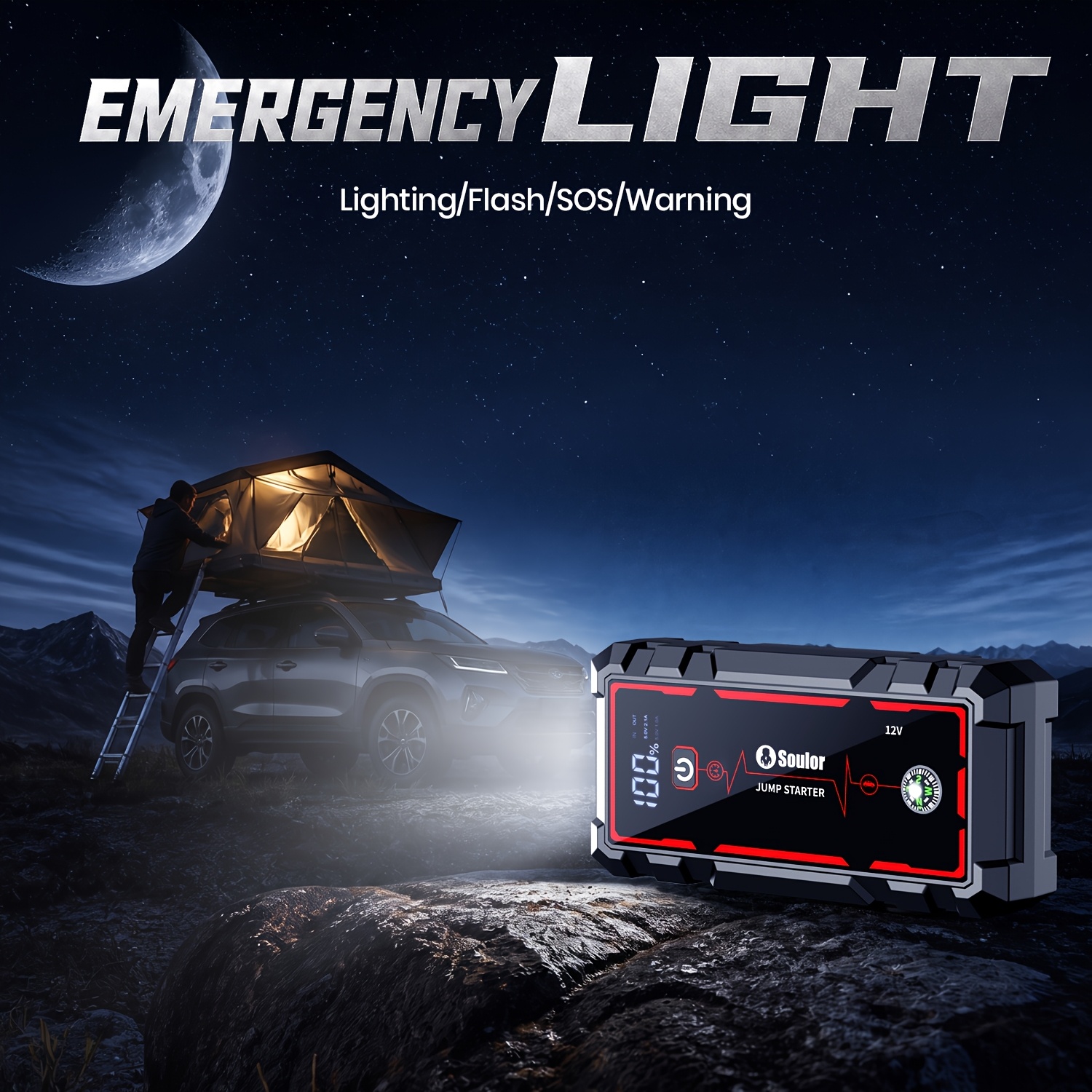 Soulor Car Jump Starter, 3000A to 6000A Portable Starter Power Supply, 2-In-1 Inflatable for All-In-One Multi-Functional Upgraded Version, 12V Quick Start Car, Suitable for All Cars, LED Emergency Lights, Compass, USB Input/Output