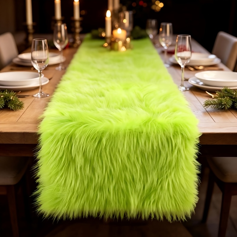 TEMU Drapeau de table en peluche vert fluorescent, tissu de décoration de table à manger en fausse fourrure épaissie et duveteuse, serviette de table