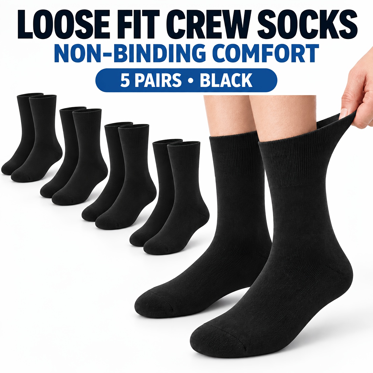 TEMU Crew Socks For Men, 5 Pairs Of Loose-fit Non-binding Socks With Wide Tops For Comfortable Casual Attire