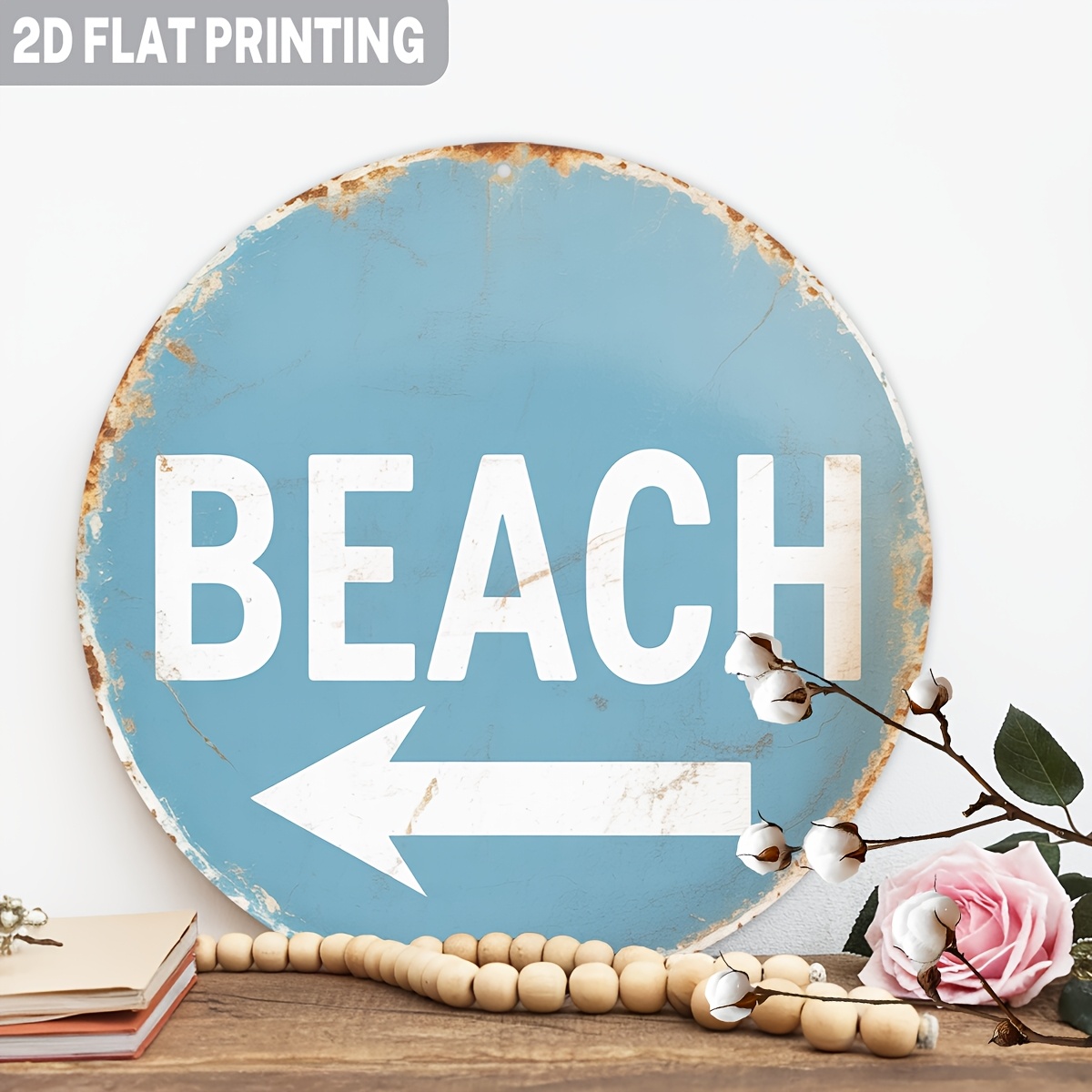 TEMU 2d Flat - Round Aluminum Metal Sign, Vintage With An Arrow, Perfect For Coastal-themed Wall Art. Ideal For Beach Houses, Outdoor Decoration,
