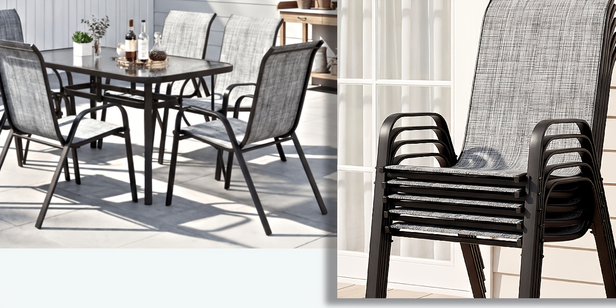 7pcs Outdoor Dining Table and Chairs for 6 People - Textilene Stackable Patio Furniture with Glass Table & Umbrella Hole Base Suitable for Deck, Poolside,, Backyard - Umbrella Not Included