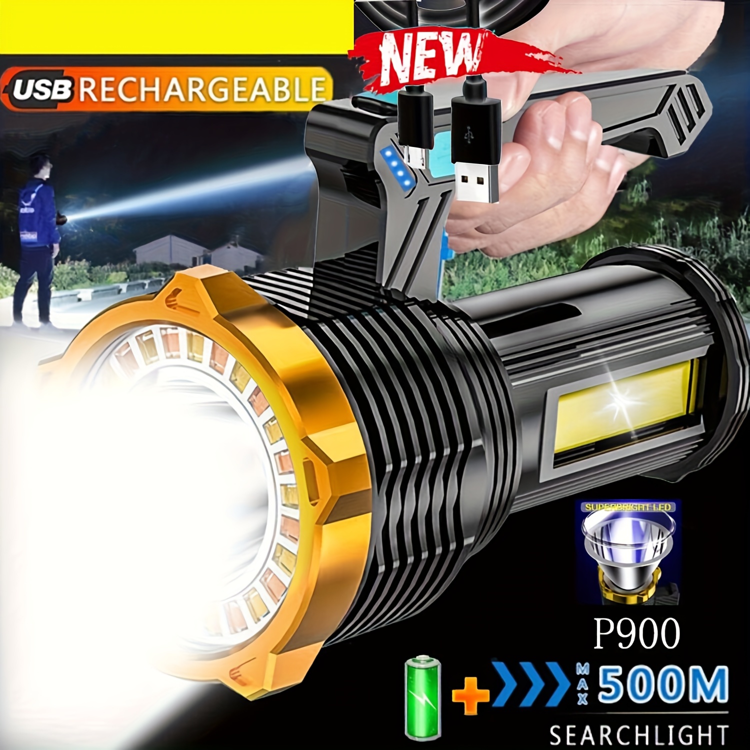TEMU 4500lm Rechargeable Led Flashlight - Tactical Torch Lamp With Usb Charging Flash Light With Zoom, Suitable For Work And Camping Outdoor Fishing,