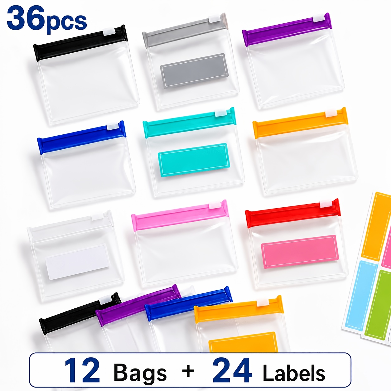 TEMU Set da 36 sacchetti portaoggetti trasparenti (colori casuali), 12 sacchetti piccoli portatili con chiusura a scorrimento + 24 etichette adesive