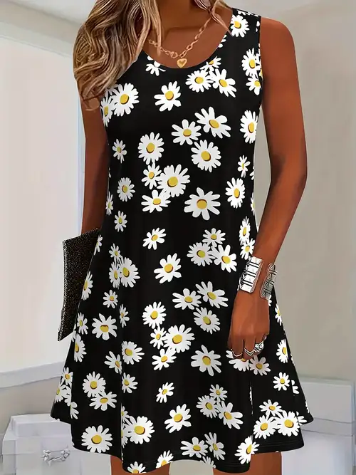 women's black & white daisy print sleeveless a-line dress - casual round neck summer dress with medium stretch, machine washable, , comfortable loose fit -length for spring/summer , cute summer dresses, mediumstretch women's black & white daisy print sleeveless a-line dress - casual round neck summer dress with medium stretch, machine washable, , comfortable loose fit -length for spring/summer , cute summer dresses, mediumstretch