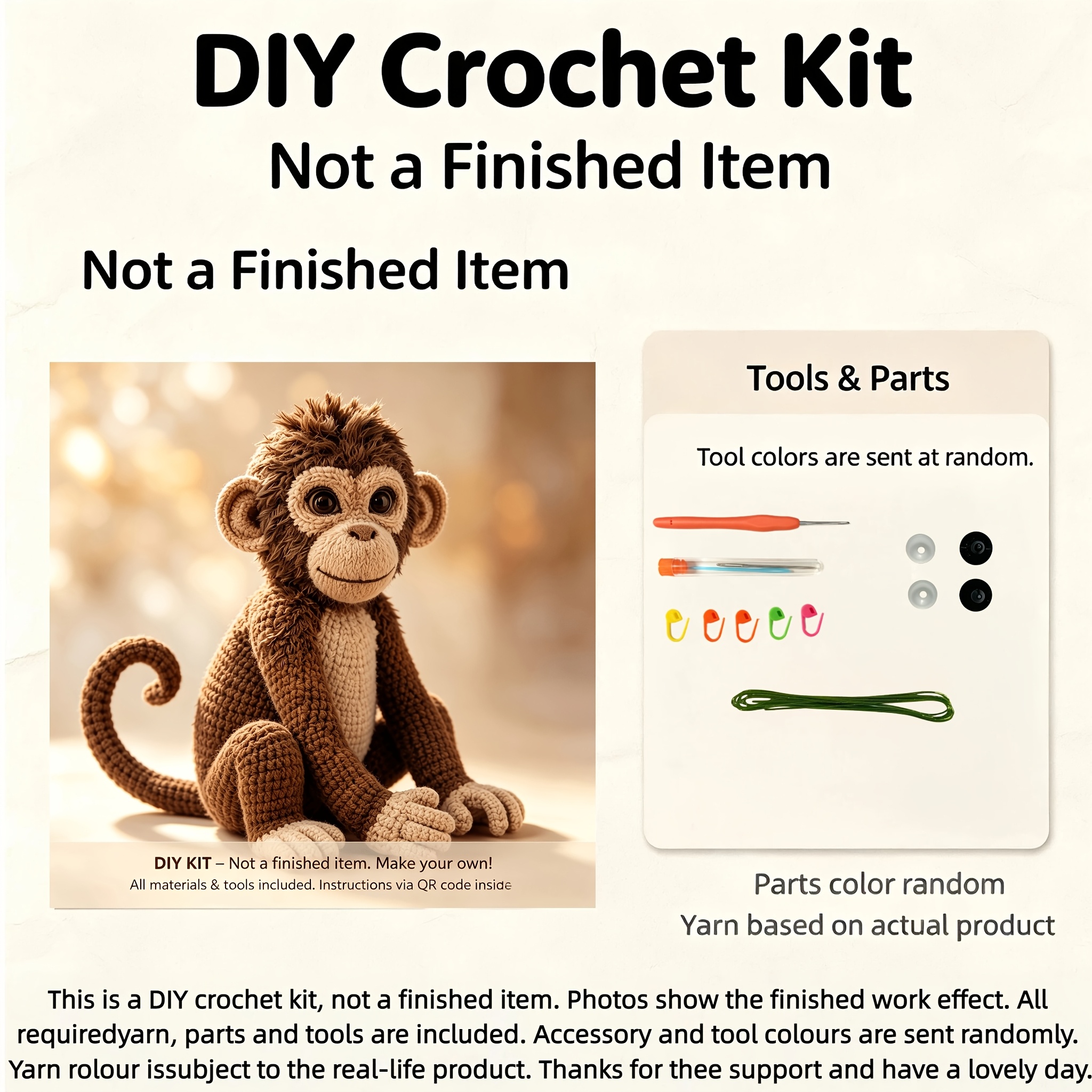 TEMU Kit de Crochet Singe pour Adultes avec Tutoriel Étape par Étape et Guide Écrit - Loisir Créatif Amigurumi à Faire Soi-Même avec Fil Multicolore,