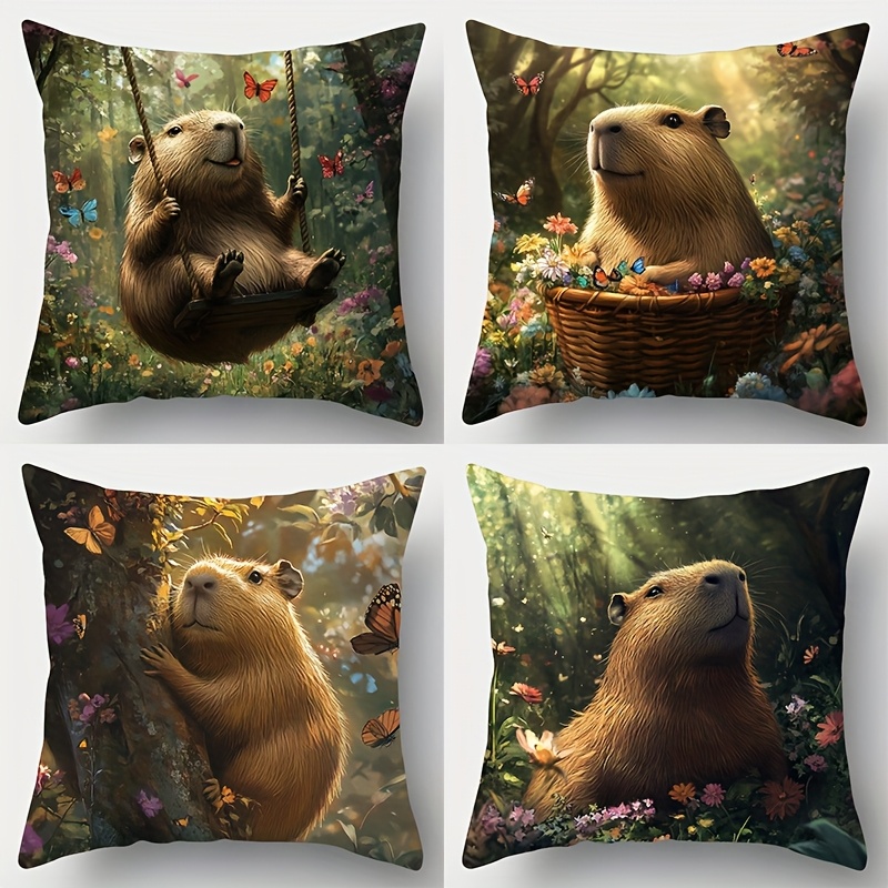 TEMU 4er-Set, Capybara-Motiv, bedruckter Kissenbezug. Bedruckt mit Capybara, Schaukel, Wald, Blumenkorb anderen Mustern. Geeignet für Raumdekoration,