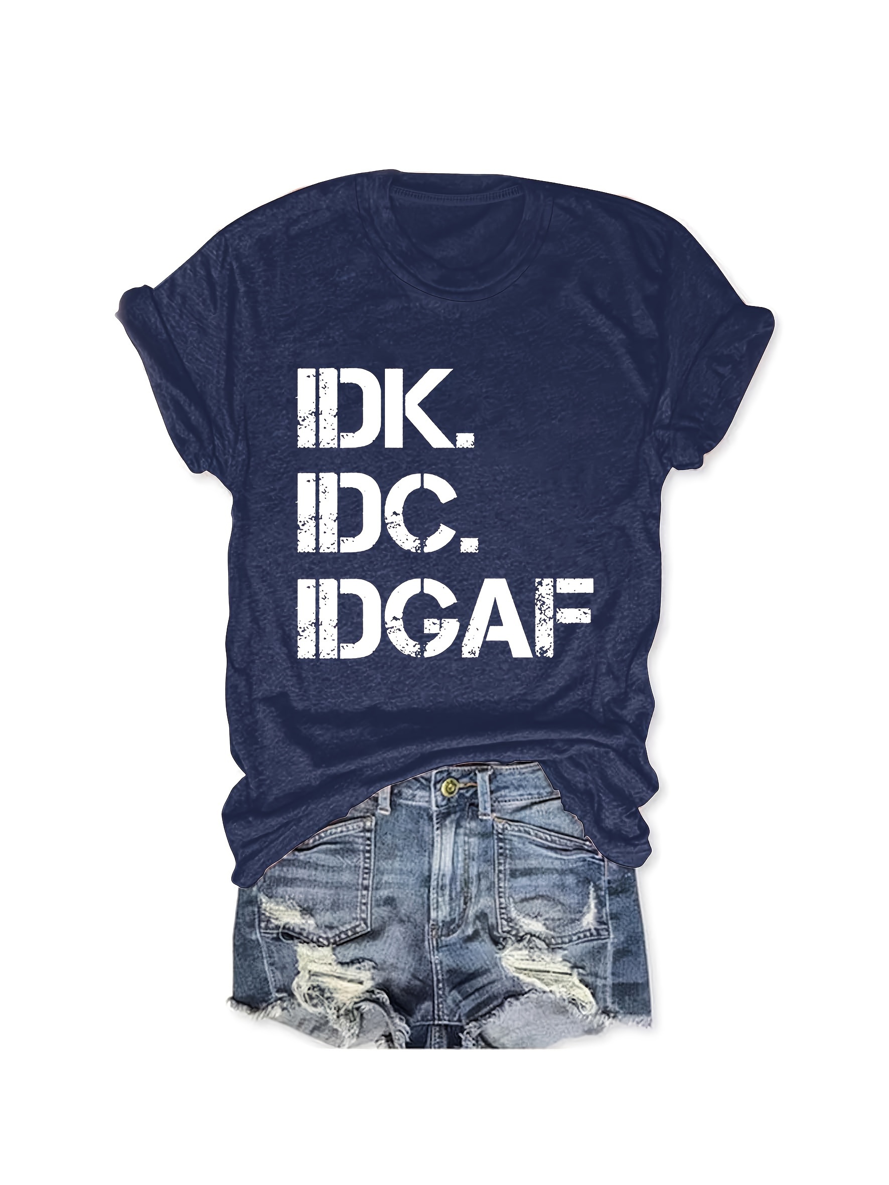 Women's Casual Short Sleeve T-Shirt with Bold Geometric IDK IDGAF Print - Relaxed Fit Round Neck Summer Top, Machine Washable Lightweight Tee for Casual Attire, Ladies T Shirts, Comfortable Casualwear, Fashion, Breathable Fabric