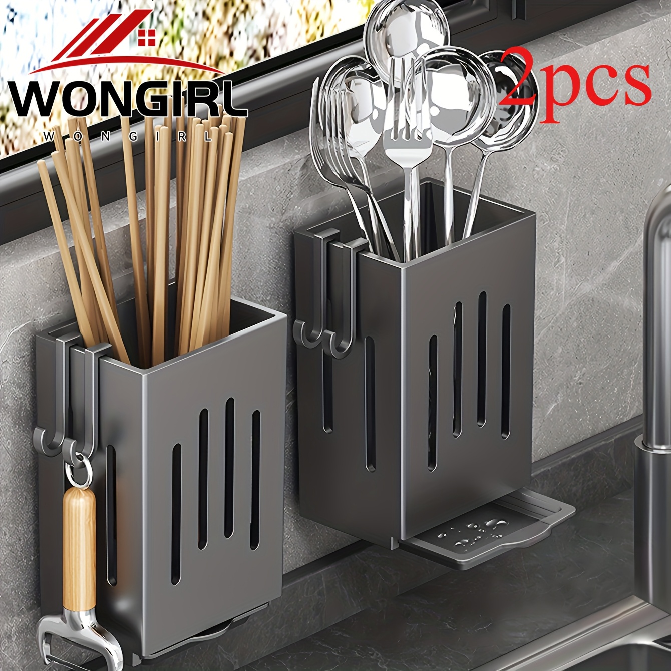 

2pcs Wongirl Kitchen Organizer - Utensil & Chopstick Holder, Wall-mount Or Freestanding, Plastic With Multi-compartment Design For Cutlery And Flatware