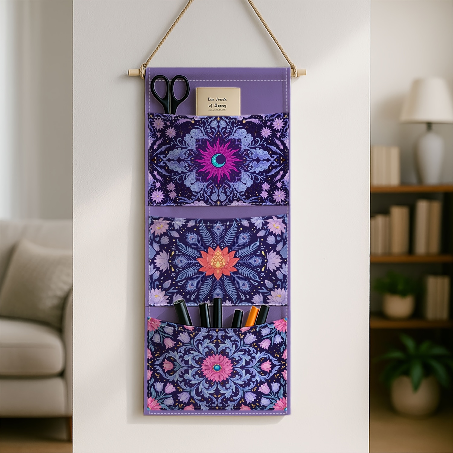 TEMU 1pc Bohemian Mandala Wall-mounted Storage Organizer - Purple Floral Hanging Shelf With Hanging Unit, Space-saving Door/wall Cabinet Suitable For