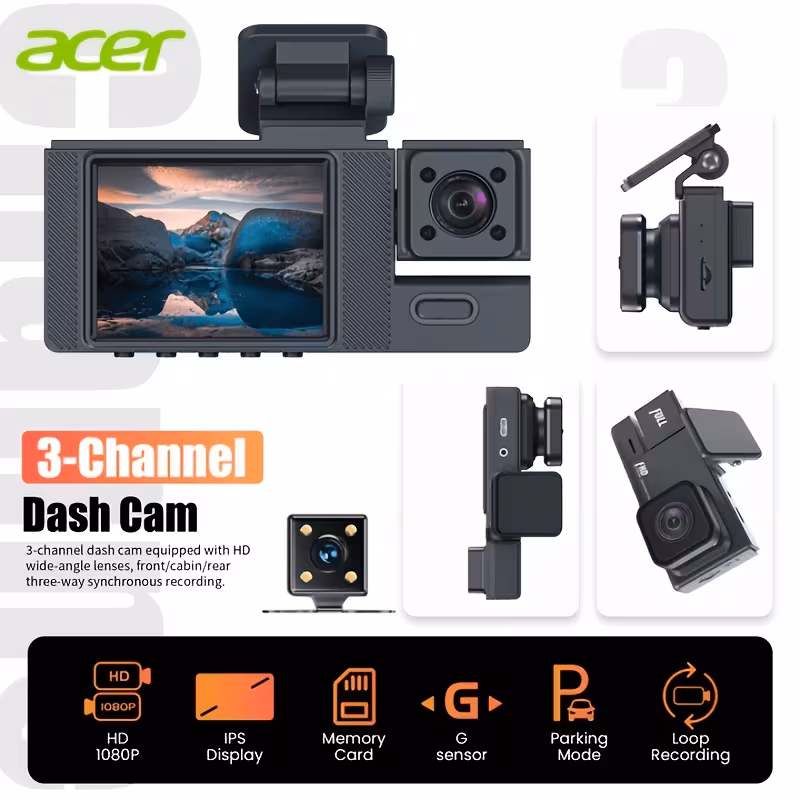 caméra de de bord 3 canaux : 1080p, intérieur et arrière 480p. dvr de voiture compact avec de 110° et vision , compatible avec la plupart des voitures. en charge la surveillance de stationnement 24h/24h, adaptateur (non ), enregistrement en Détails du produit 1
