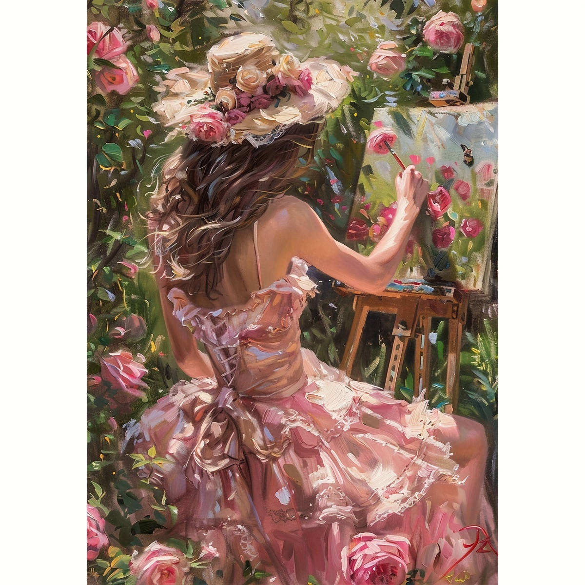 

30x40cm/11.8x15.7in Diamond Painting Kit: A Beautiful Scene Of A Woman In A Pink Dress Painting Roses