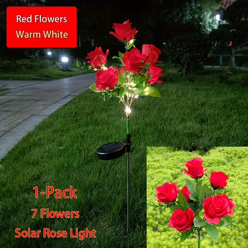 TEMU 1pc 2026 New 7 Rose Flowers Solar Light 42 Led Simulated Flower Lights With Warm White Light, Ip65 Waterproof, Outdoor Solar Garden Decoration