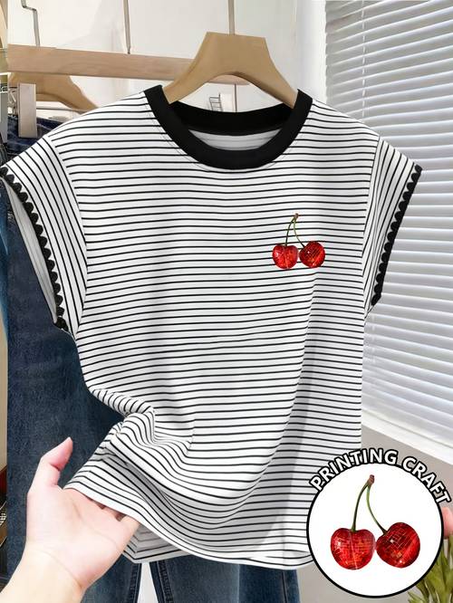 item picture printed design not textured 1pc spring summer fashion casual trendy age reducing top all match round neck small flutter sleeves striped short sleeve all match age reducing trendy outfit style creative easy cherry pattern print