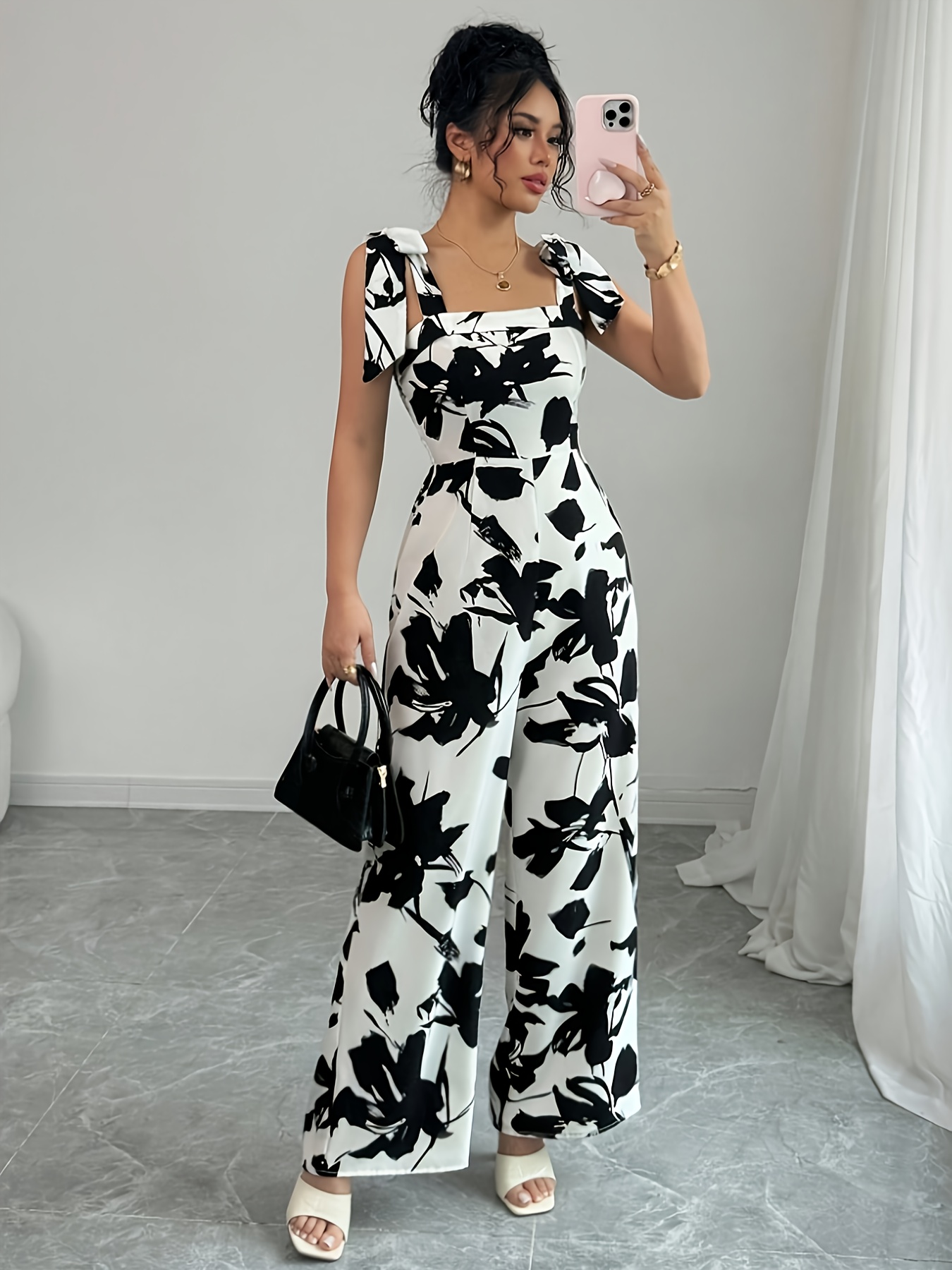 womens elegant black white floral print jumpsuit shoulder Temu