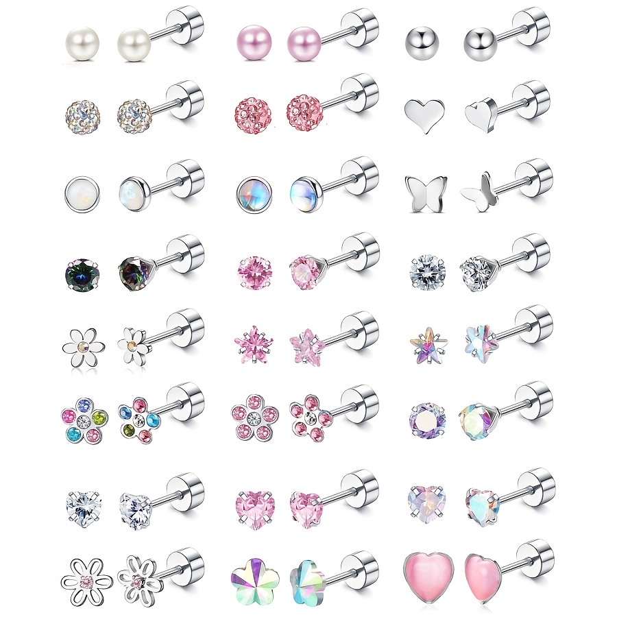 Image of Shzyln 24 Pairs Of Girl And Lady Earrings - 316l Stainless Steel Stud Earrings, Cute Cz 4mm Mini Flat Back Screw Earrings Set.