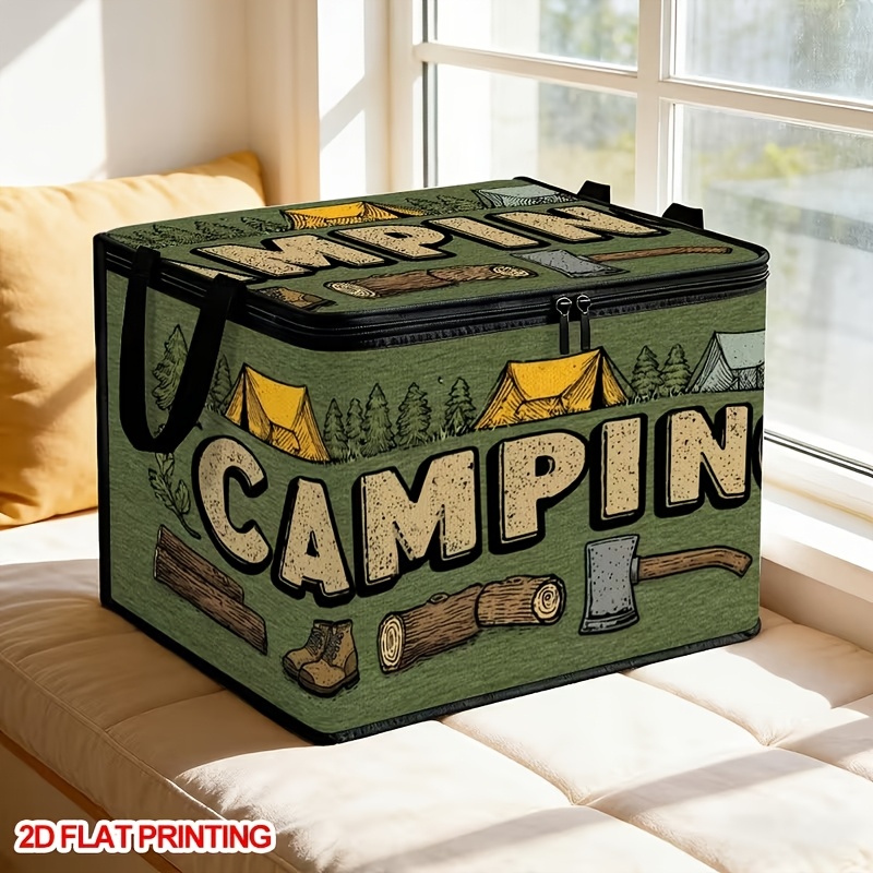 TEMU 1pc Camping-themed Storage Basket, Large Foldable Organizer Box With Durable Zipper, Ideal For Blankets, Bedroom Organization, And Under-bed
