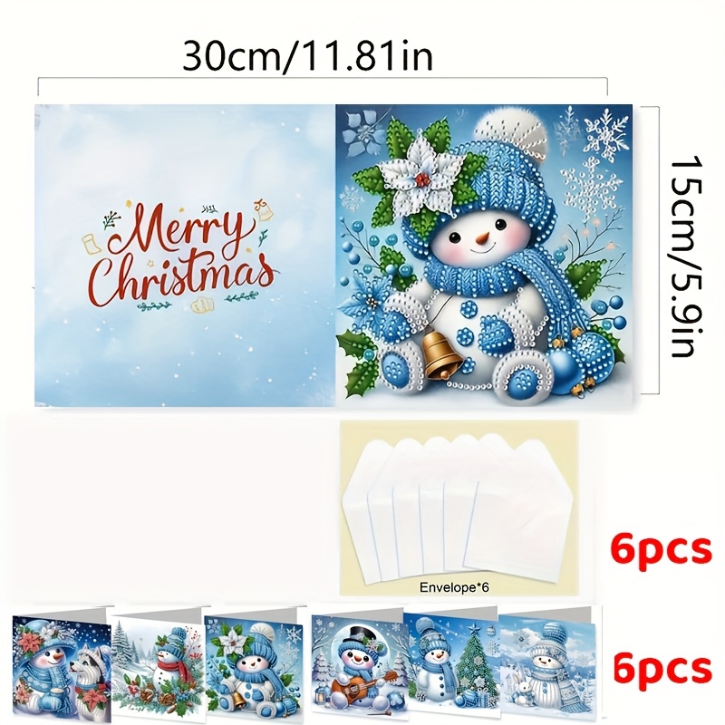Image of 6-set - Christmas Snowman Pattern Diamond Painting Greeting Card Set, 5d Unique Rhinestone Art Embellishment Inlaid Painting Christmas Card Craft, Use To Warm , Suitable For Family, And Lovers