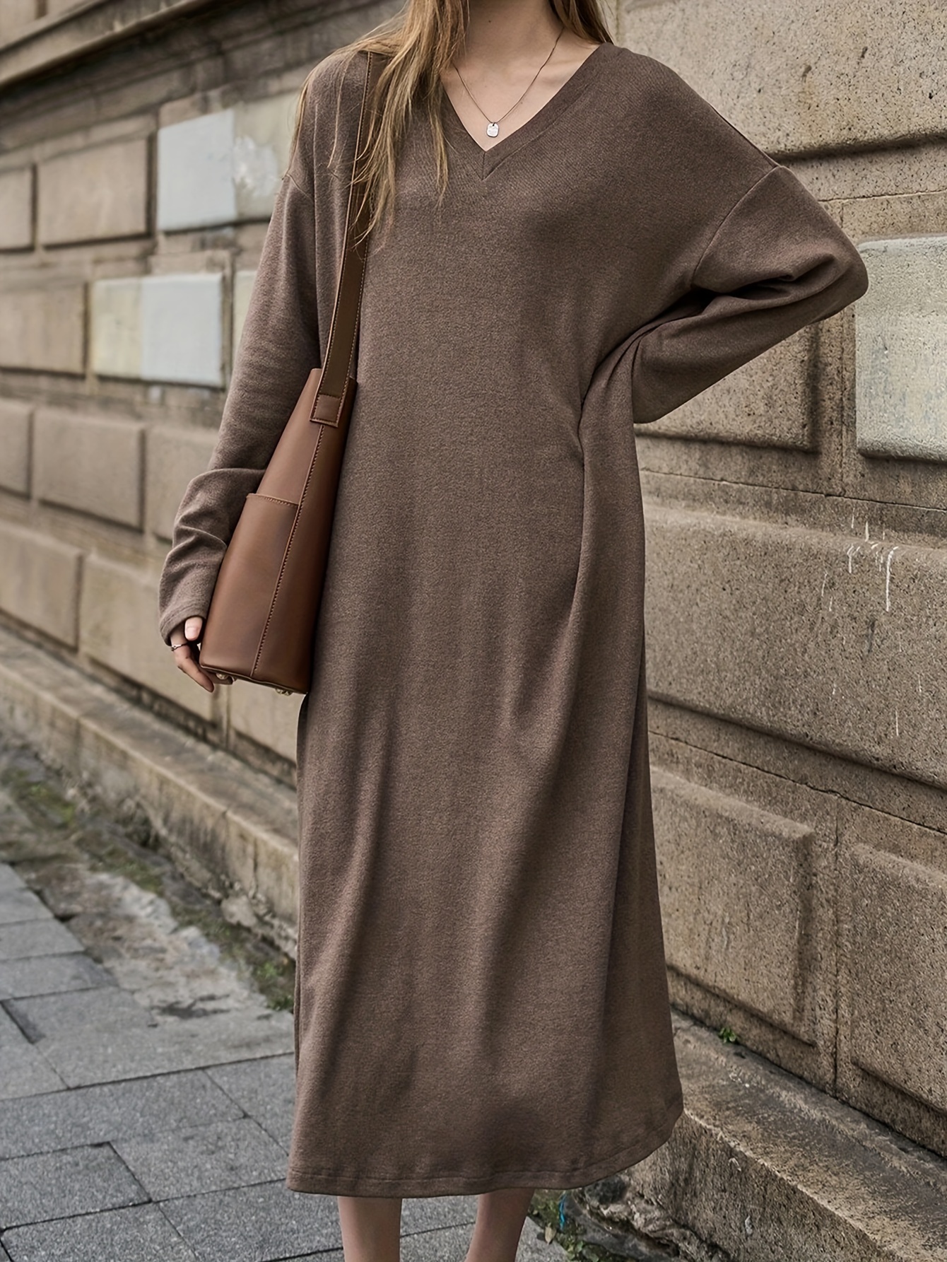 plain color v neck minimalist dress casual long sleeve loose - Temu United  Arab Emirates