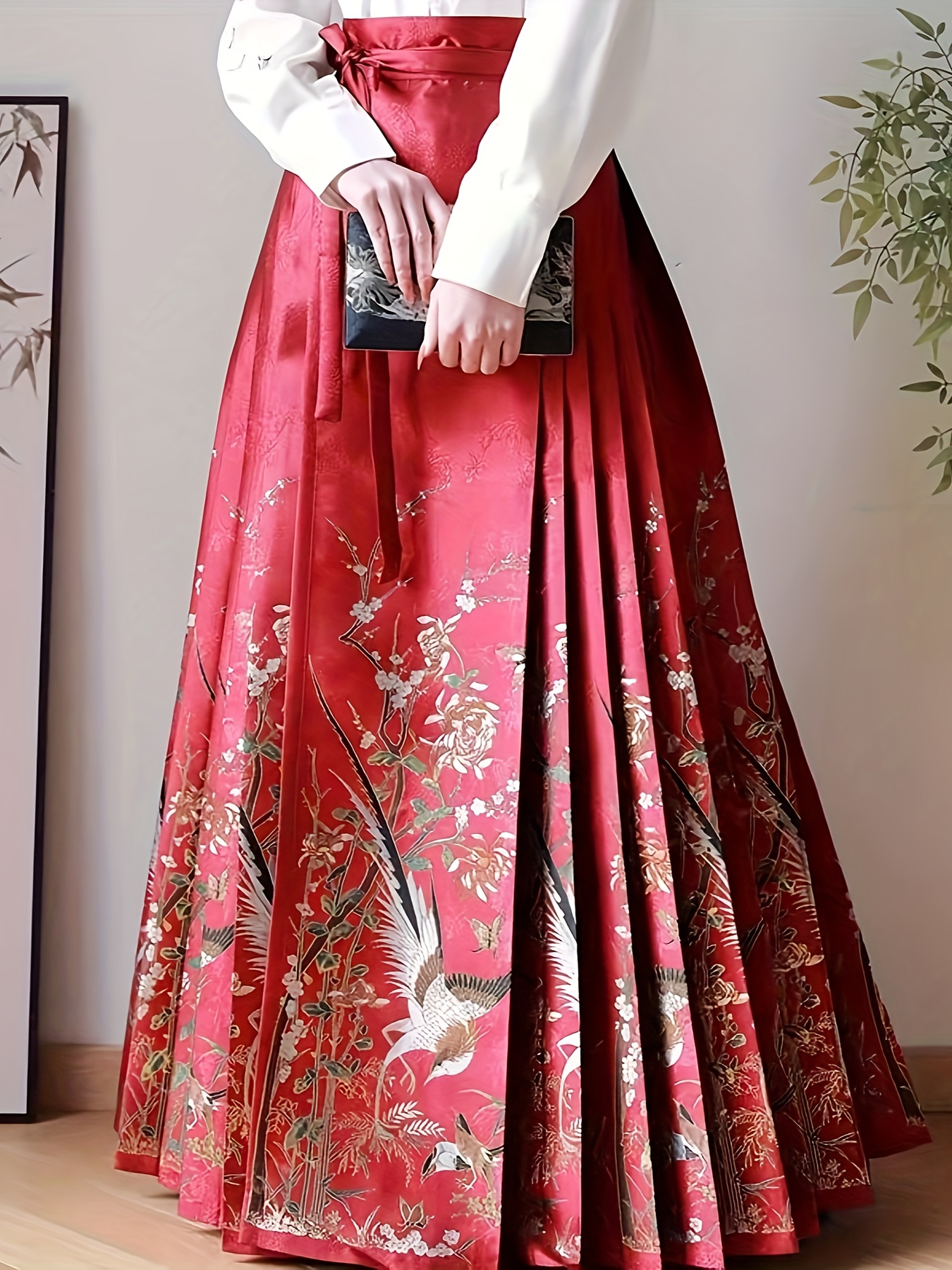 floral pattern pleated skirt chinese style tie high waist a Temu