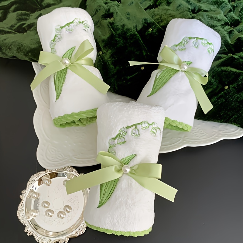 

Contemporary Polyester Embroidered Towel Set With Lily Of The Valley Flower Pattern, Woven Oblong Hand Towels, 80gsm Lightweight Soft Touch Wedding Gift Towels