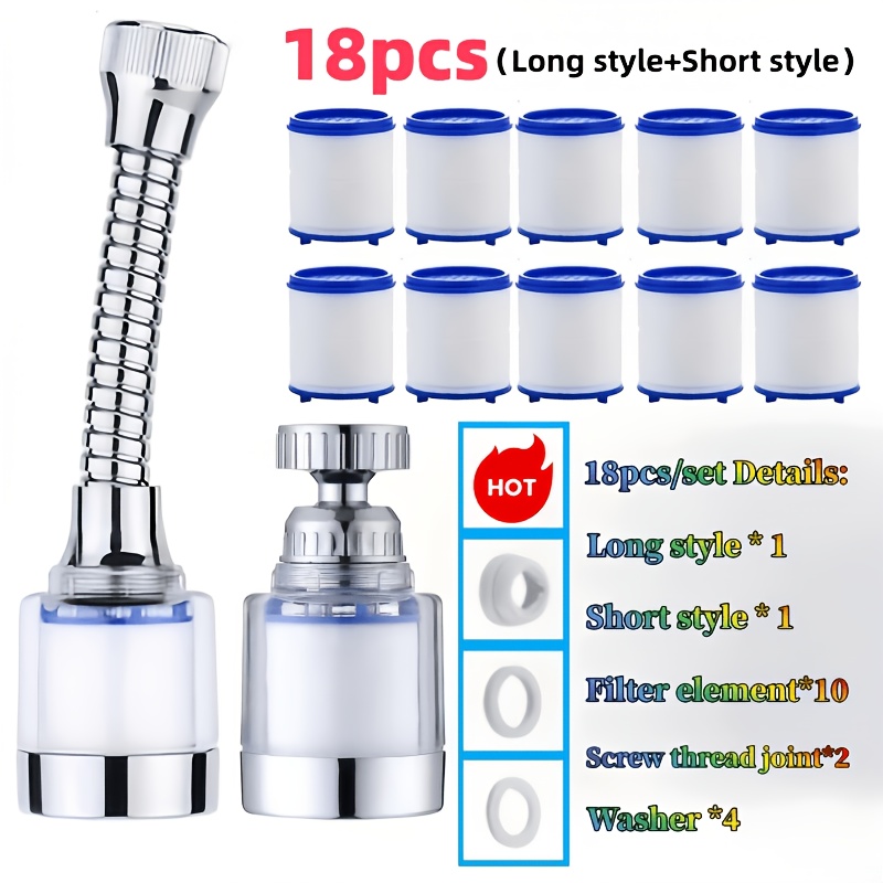 TEMU 18pcs/set Sink Filter, Including 2 Faucets +10 Filter Elements +6 Accessories, Splash Resistant Rotary Bubbler, Extender, Suitable For Kitchen