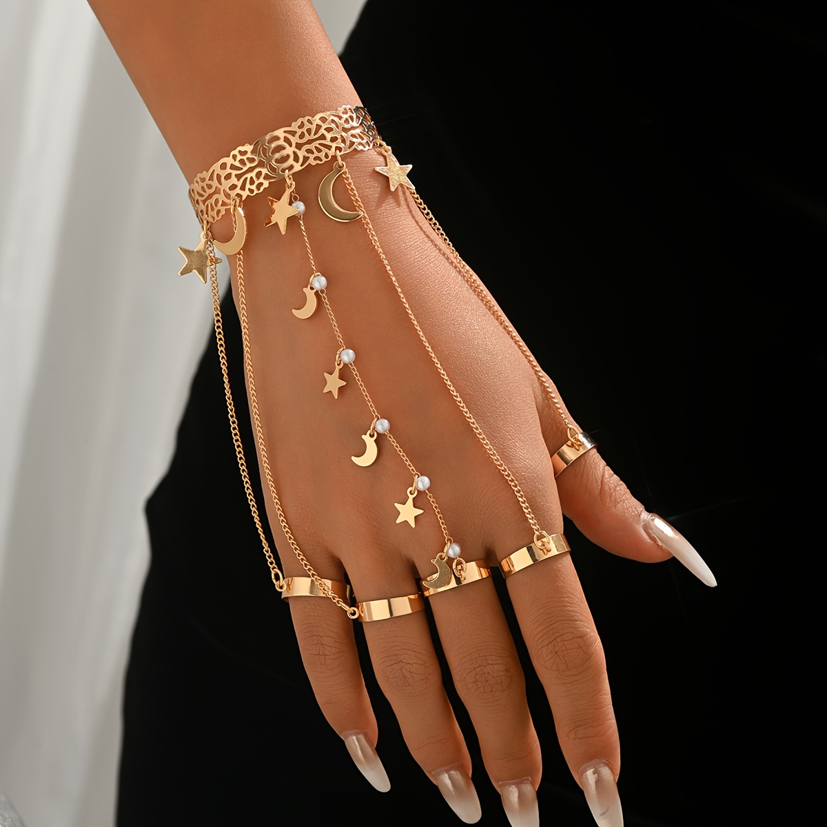 Star-and-Moon Tassel Bracelet Set with Ring and Pendant