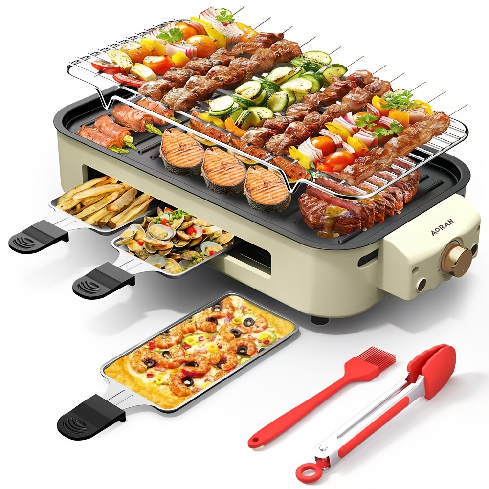 

Aoran Electric Grill With 3 Detachable Hand Pots, 2-in-1 Indoor Grill With & Bbq Mesh, Stainless Steel, 1500w, With Temperature Control, For 110-130v Us Plug, No Battery Required