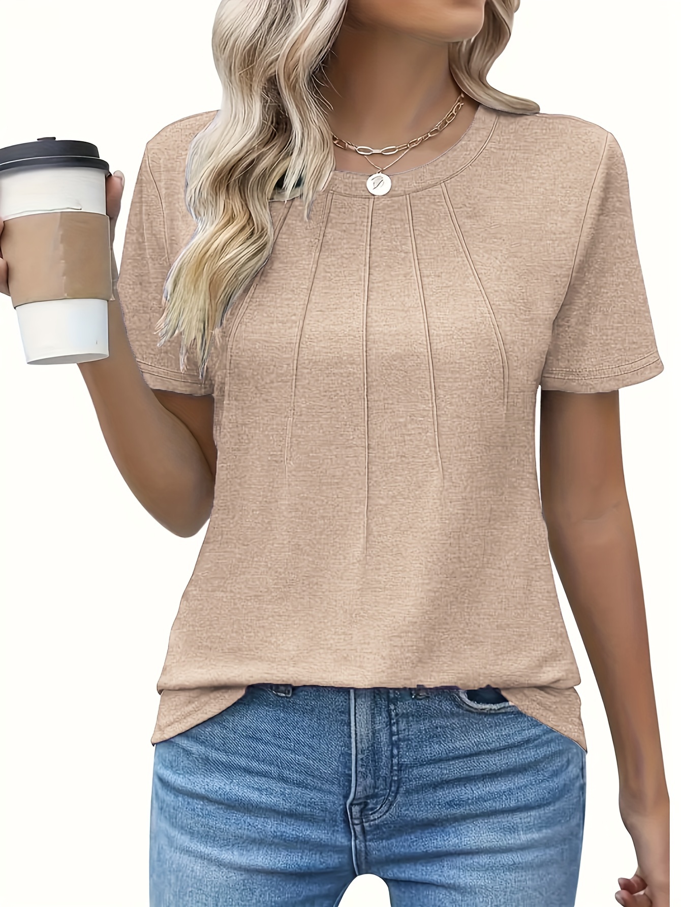 Women'S Casual Summer T-Shirt - Solid Color, Round Neck, Short Sleeve, Comfortable Loose Fit, Dark Blue, Polyester Blend, Machine Washable, Casual Summer Wear | Round Neck Tshirt | Texture