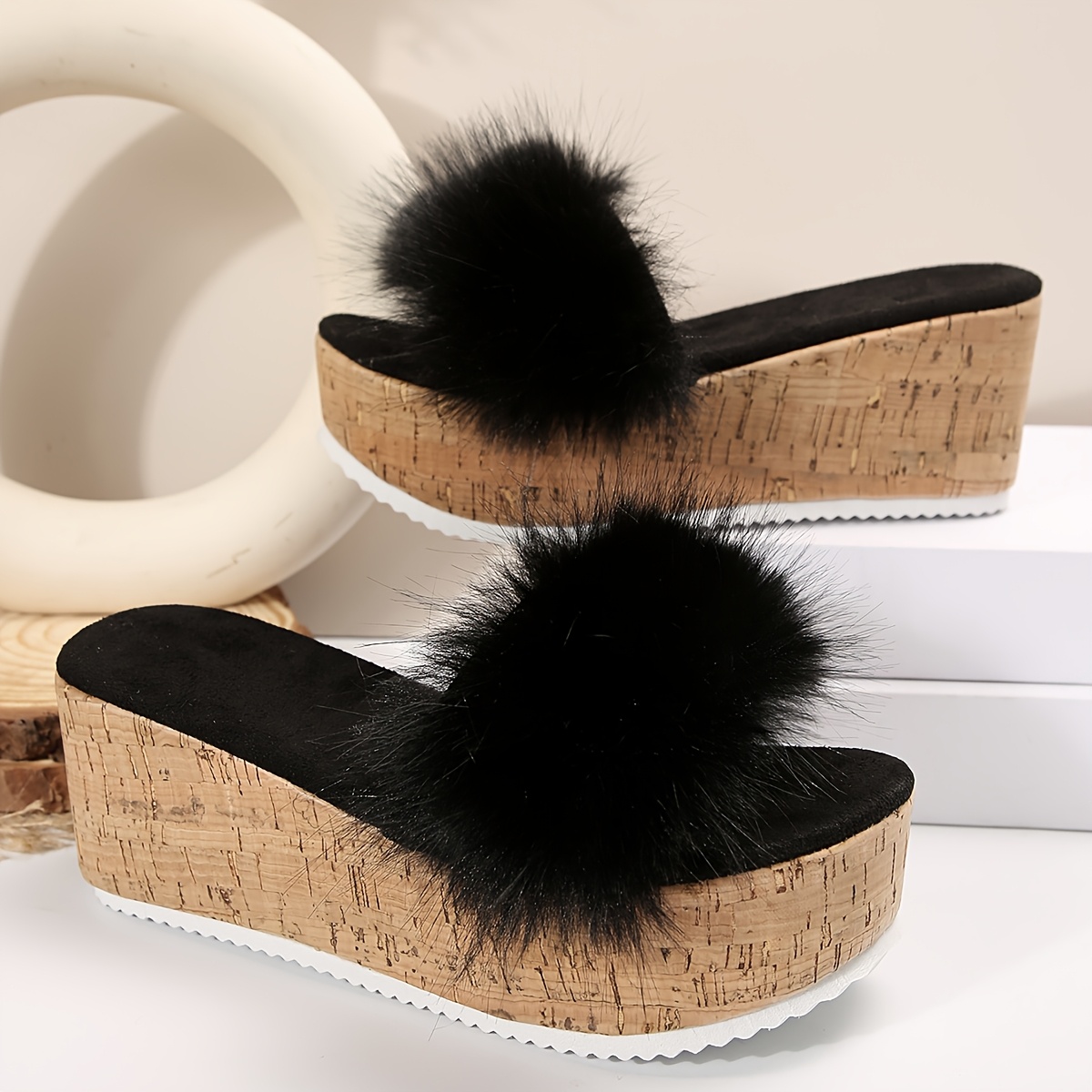 TEMU Spicy Plush Ribbon Slide, Grain Wedge Heel Heightening Slides, Versatile Fuzzy Slippers, Women Shoes
